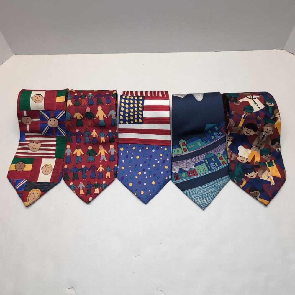 Lot of 5 Save The Children Novelty Silk Mens Neck Tie Patriotic Plane Dads World